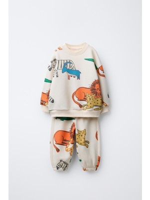 Magu Unisex Çocuk Pamuklu Krem Safari Hayvan Desenli Sweatshirt ve Jogger Eşofman Takım