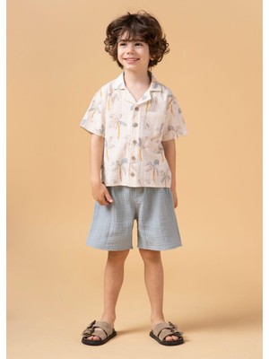 Magu Erkek Çocuk Palmiye Desenli Gömlekli Takım Şortlu Yazlık Ikili Set