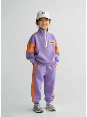 Magu Unisex Çocuk Pamuklu Lila Turuncu Cool Yazılı Zip Eşofman Takımı
