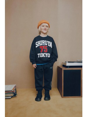 Magu Erkek Çocuk Pamuklu Siyah Shibuya Tokyo Eşofman Takımı - Nakışlı Sweat ve Rahat Kesim Alt