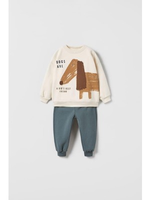 Magu Erkek Çocuk Pamuklu Krem Köpek Desenli Sweatshirt ve Mavi Eşofman Altı Takım - Yumuşak Kumaş Konforu