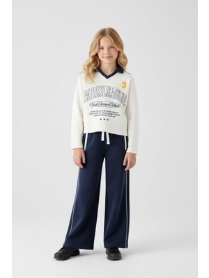 Magu Kız Çocuk Pamuklu Lacivert-Beyaz Paris League Yazılı Eşofman Takımı - Kontrast Şeritli Geniş Paça