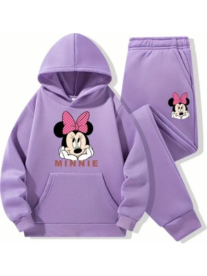Punix Kids Punıx Kıds Özel Tasarım Kapüşonlu Pembe Kurdeleli Minnie Baskılı %100 Pamuk Kışlık Kız Çocuk Eşofman Takımı