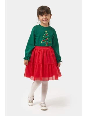 Magu Kız Çocuk Pamuklu Yeşil Yılbaşı Ağaç Baskılı Uzun Kollu Kırmızı Tüllü Takım - Happy Holidays Temalı