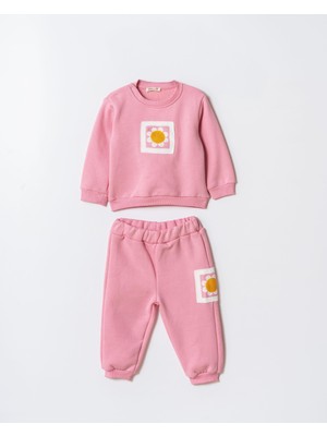 Magu Kız Çocuk Pamuklu Pembe Çiçek Patch Nakışlı Sweatshirt ve Eşofman Takım