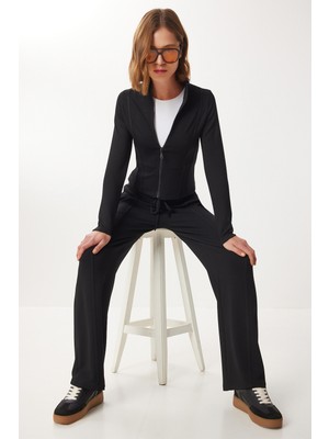 Happiness İstanbul Şeritli Fermuarlı Örme Alt-Üst Takım LKH0008 Siyah