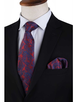 Kravatkolik Lacivert - Turuncu Şal Desen Mendilli Klasik Kravat KK13128