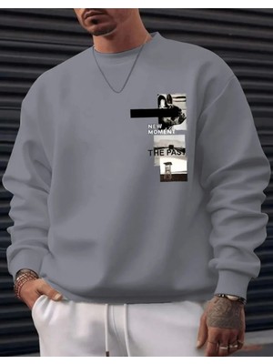 Punix Punıx Büyük Beden Özel Tasarım New Moment Baskılı Yuvarlak Yaka Oversize Erkek Battal Sweatshırt