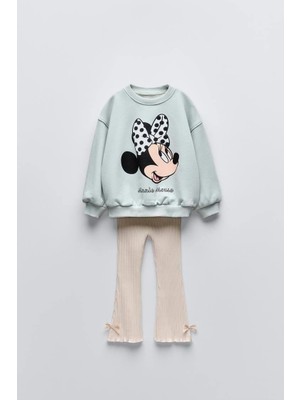 Magu Kız Çocuk Pamuklu Mint Sweatshirt ve Ekru Fitilli Pantolon Takım - Kurdele Detaylı