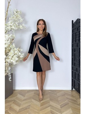 G1586 Renk Bloklu Kalem Elbise Siyah