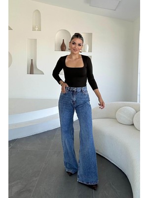 Eswomes Denim Lazer Tasarım Palazzo Pantolon Buz Mavi