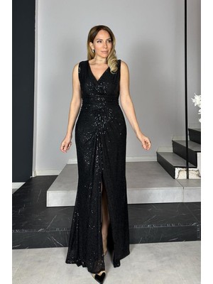 Ges Moda G1360 Drape Detaylı Payet Abiye Elbise Siyah
