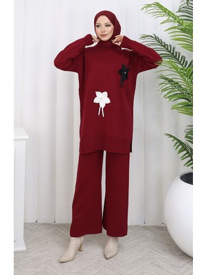 Triko Çiçekli Tunik Pantolon Ikili Takım 1077-06 Bordo