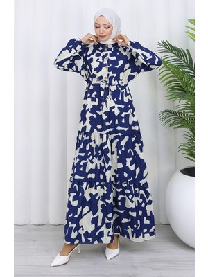 Hakim Yaka Beli Bağcıklı Desenli Elbise 0191-02 Lacivert