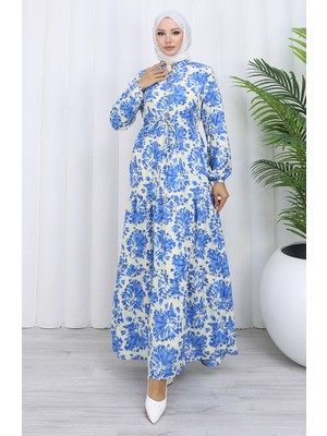 Hakim Yaka Beli Bağcıklı Desenli Elbise 0192-02 Indigo