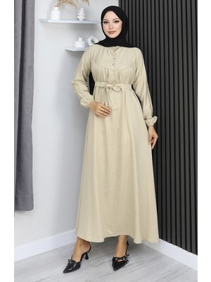 Belmando Kumaş Yarım Düğmeli Kuşaklı Elbise 2166-05 Bej