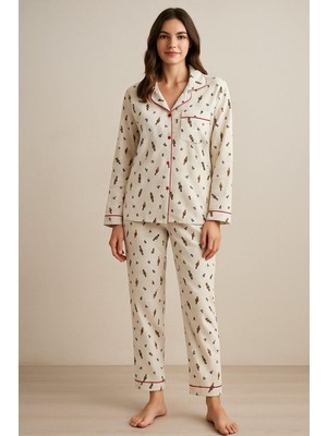 Kadın Yılbaşı Temalı Pijama Takımı Ekru