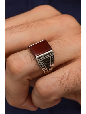 Yüzük Sanatı Akik Taşlı Grek Motifli 925 Gümüş Erkek Yüzük