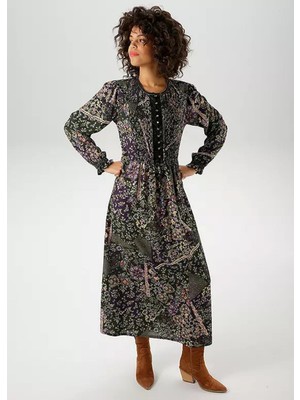 Şans Kadın Büyük Beden Yeşil, Kroşeta Lastik Detaylı, Çiçek Desenli Viskon Uzun Elbise 65N39178