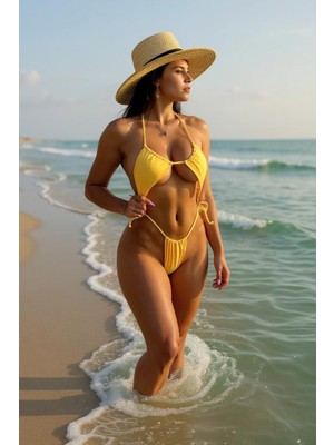 Kadın Sarı Yandan Bağlamalı Tangalı Üçgen Bikini Mayo Takımı – Modern, Konforlu ve Günlük Kombinlere Uygun