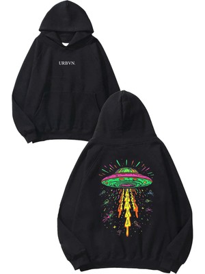 Urbvn Rainbow Alien Tasarım Baskılı Oversize Siyah Kapüşonlu Sweatshirt