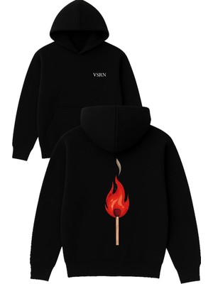 Vsrn Kibrit Tasarım Baskılı Oversize Siyah Kapüşonlu Sweatshirt