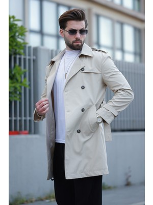 Baselco Erkek Premium Apoletli Deri Trençkot  Poliamid Uzun Kol Krem Renkli Şık Tasarım