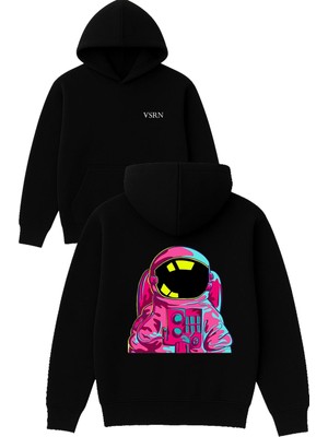 Vsrn Astronot Tasarım Baskılı Oversize Siyah Kapüşonlu Sweatshirt