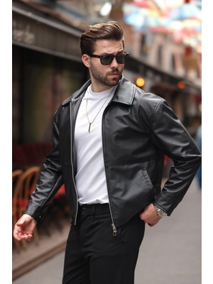 Baselco Erkek Premium Çift Fermuarlı Oversize Suni Deri Ceket Slim Fit Tasarım