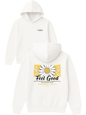 Vsrn Feel Good Tasarım Baskılı Oversize Beyaz Kapüşonlu Sweatshirt