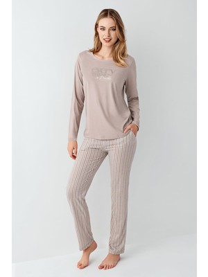 Arnetta Kadın %100 Pamuklu Pijama Takım, Uzunkol, Cepli, Yazı Baskılı
