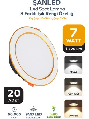 ŞANLED 7W 3 Renkli (Beyaz,gün Işığı,ikisi Bir Arada) Beyaz Gold LED Spot Lamba -20 Adettir