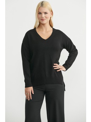 Sementa Oversize V Yaka Triko Kazak - Siyah