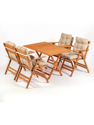 Meya Dekor Minderli Loretta Masa Sandalye Seti 4+1 Ahşap Bahçe Balkon Teras Katlanır Set