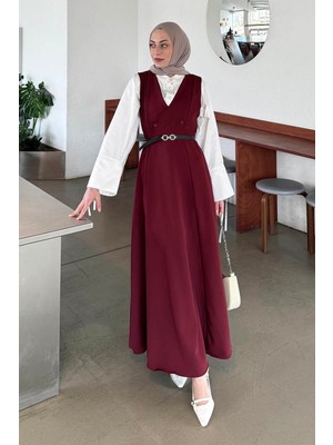Lamelif Düğme Detaylı Kolsuz Tesettür Elbise Bordo