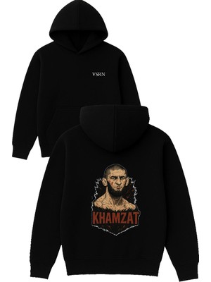Vsrn Khamzat Tasarım Baskılı Oversize Siyah Kapüşonlu Sweatshirt