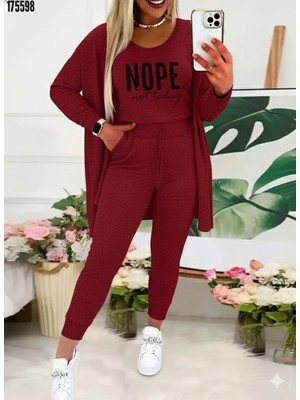 Gökyüzü Moda Kadın Askılı Yuvarlak Yaka Yazılı Viskon Iki Iplik Bluz Ceket ve Pantolon 3lü Takım