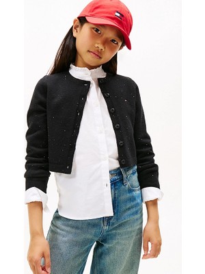 Tommy Hilfiger Kız Çocuk Slim Fit Pullu Bisiklet Yaka Hırka - Siyah