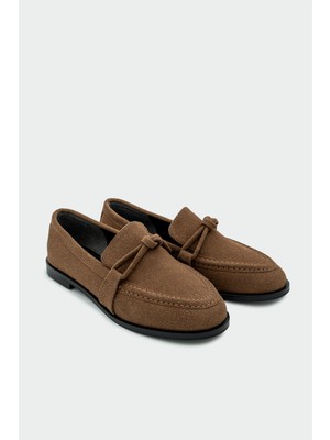 Laminta Onapy Acı Kahve Süet  Düz Taban Düğüm Detaylı Ayakkabı