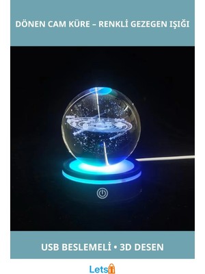 Letsii Usb'li Renkli Aydınlatmalı Gezegenler Tasarımlı Dönen Cam Küre