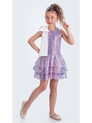 Mnk Baby & Kids Yaka Fiyonk Işıltılı Pul Payet Kumaş Kız Çocuk Abiye Elbise M00702