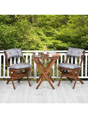 Misda Store Ahşap Katlanır Minderli 3 Lü Bistro Set Mutfak Balkon Bahçe Masa Sandalye Seti (Ceviz-Gri)