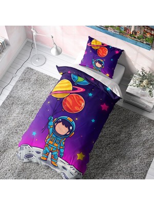Viadela Gezegen Balonlu Astronot Desenli Çocuk Nevresim Takımı (Çarşafsız)