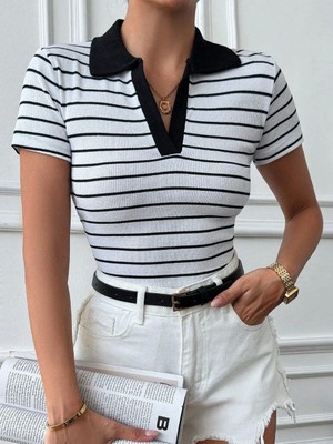 Bilfold Polo Yaka Garnili Bluz Beyazsiyah