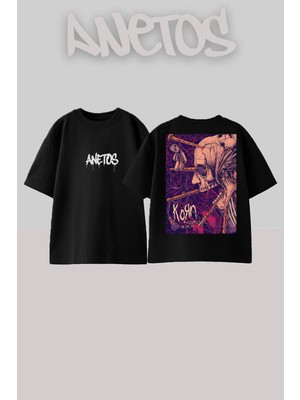Anetos Korn 10 Tasarım Sırt Baskılı Pamuk Siyah Oversize T-Shirt