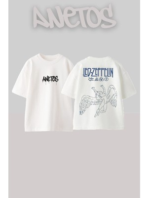 Anetos LED Zeppelin Tasarım Sırt Baskılı Pamuk Beyaz Oversize T-Shirt