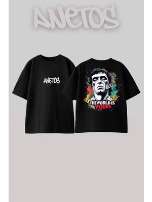 Anetos Scarface 8 Tasarım Sırt Baskılı Pamuk Siyah Oversize T-Shirt