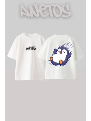 Anetos Kayan Penguen Tasarım Sırt Baskılı Pamuk Beyaz Oversize T-Shirt