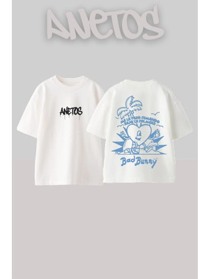 Anetos Bad Bunny 2 Tasarım Sırt Baskılı Pamuk Beyaz Oversize T-Shirt