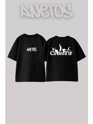 Anetos Crossfit Tasarım Sırt Baskılı Pamuk Siyah Oversize T-Shirt